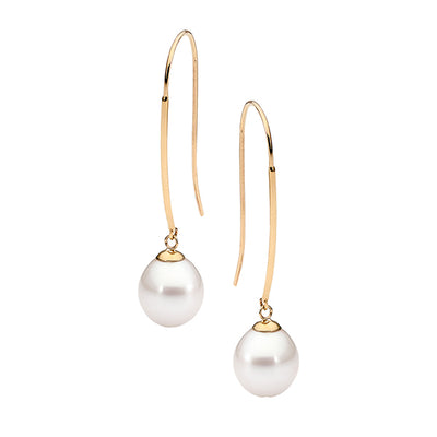 9k Yellow Gold Freshwater Pearl Long Hook Earrings